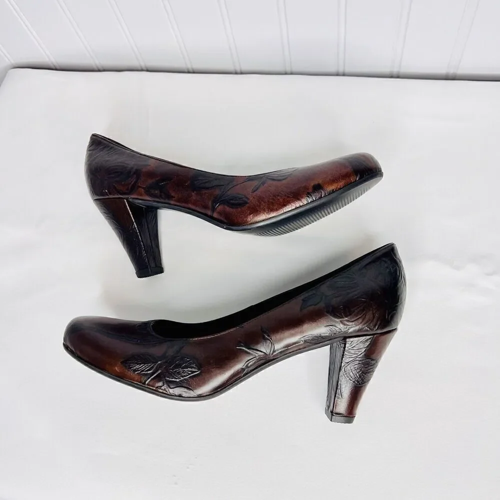 Cuoieria Fiorentina Italy Tuscan Sz 8.5 Heels Chocolate Brown Leather Floral